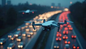 Drone flies over busy highway at dusk. Cars with glowing red taillights create motion blur. Cityscape fades into dark background. Another drone is visible, far away.
