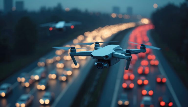 FEATURE: How AI cameras are changing traffic enforcement Drone flies over busy highway at dusk. Cars with glowing red taillights create motion blur. Cityscape fades into dark background. Another drone is visible, far away.