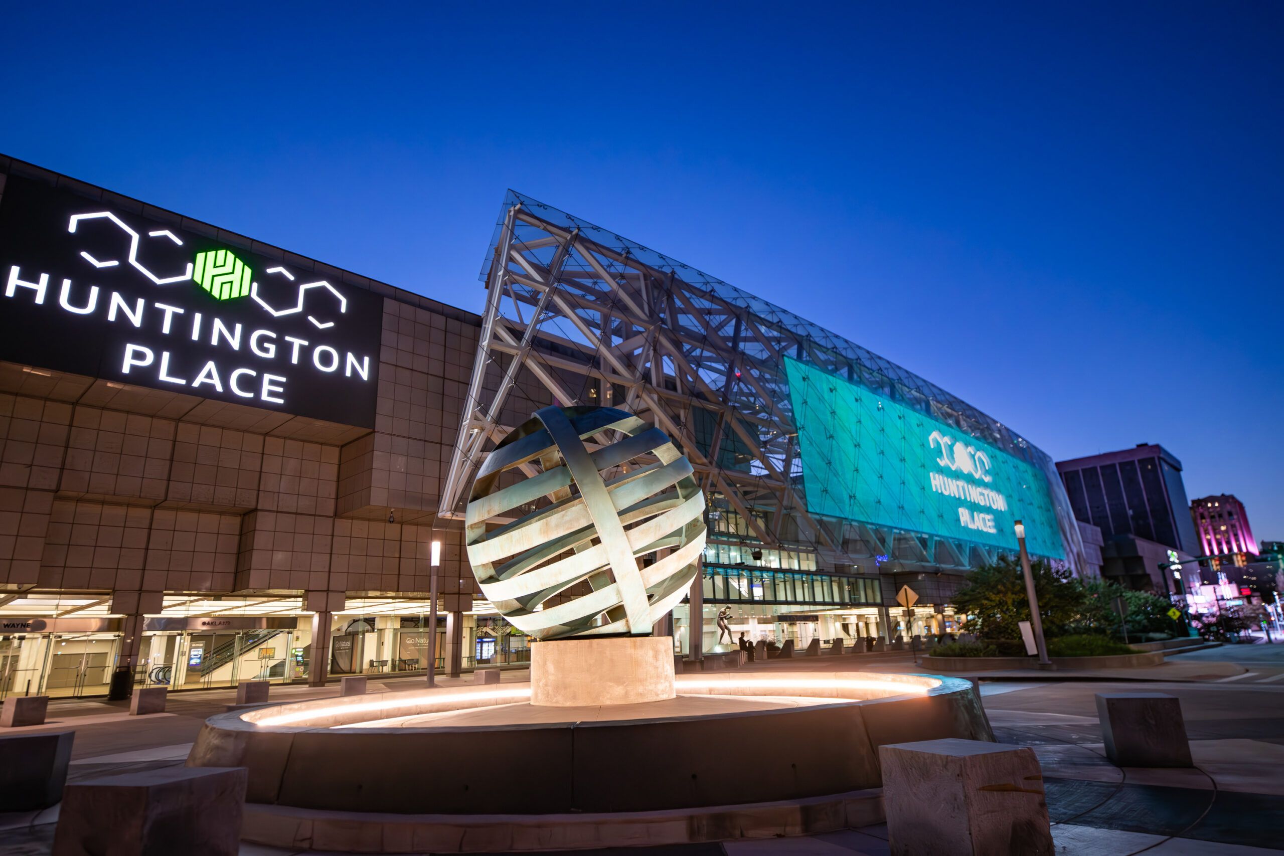 Globe at Huntington Place, formerly Cobo Hall, the main convention center in downtown Detroit at night on a clear day in Detroit, Michigan.