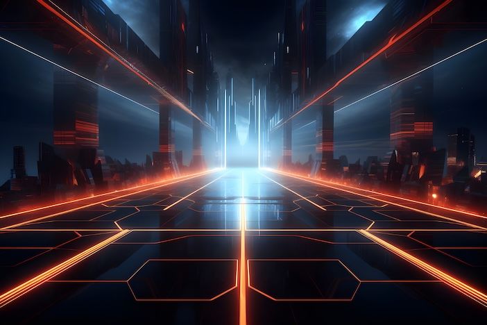 A digitally rendered futuristic corridor with a dark background, featuring glowing orange and red neon grid lines converging towards a bright white light source at the vanishing point, flanked by tall angular structures.