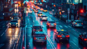 Aerial view of vehicles on a wet city street at dusk, with digital bounding boxes and data point overlays representing AI-driven vehicle detection and tracking