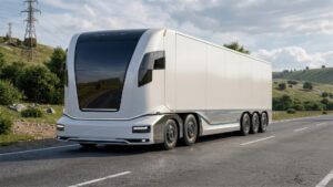 Render of a white cab-forward autonomous heavy goods vehicle hauling a dark shipping container at a port terminal, with gantry cranes and stacked containers in the background