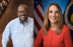 Two headshot portraits side by side: on the left, a smiling bald Black man wearing glasses and a light blue shirt, seated in an office environment; on the right, a woman with straight shoulder-length brown hair wearing a red cardigan, posed in front of an American flag and a circular institutional seal