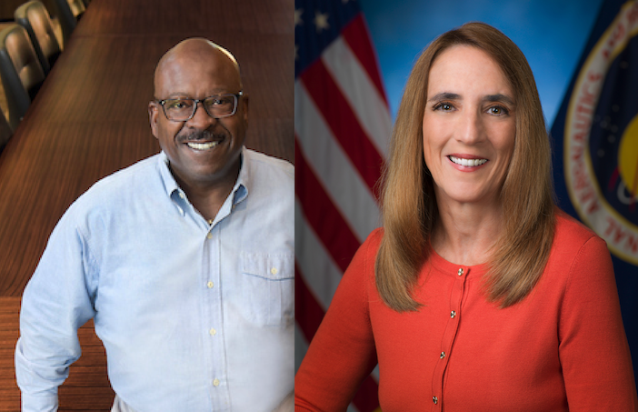 AUDIO: How space infrastructure research could reshape roads on Earth Two headshot portraits side by side: on the left, a smiling bald Black man wearing glasses and a light blue shirt, seated in an office environment; on the right, a woman with straight shoulder-length brown hair wearing a red cardigan, posed in front of an American flag and a circular institutional seal