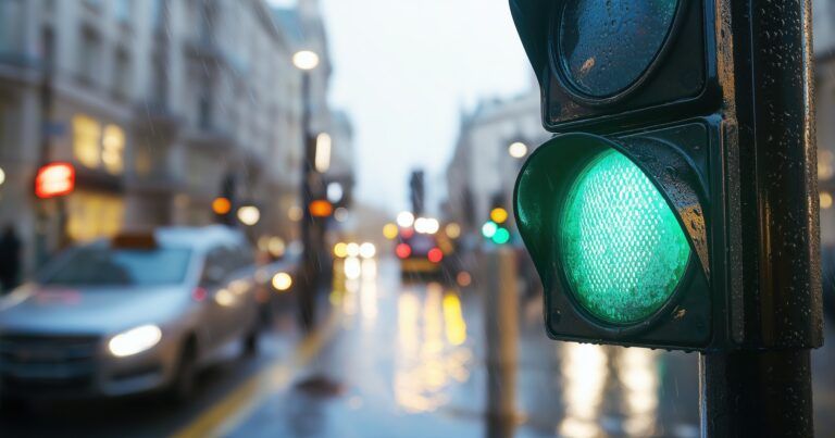 A close-up of a UK traffic light showing green