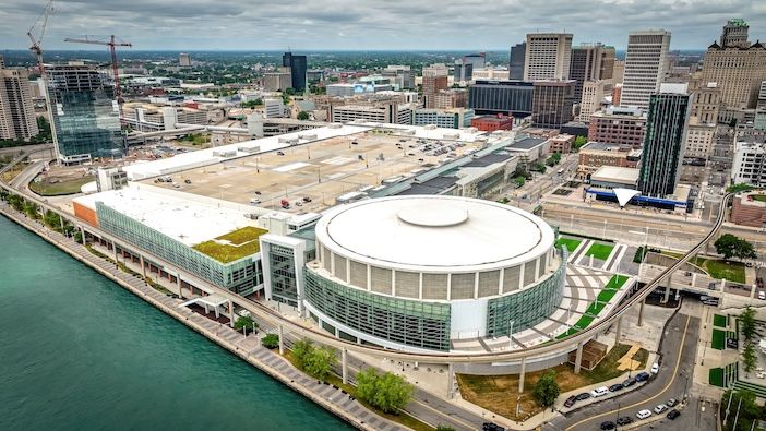 Huntington Place Convention Center in Detroit - aerial drone photography - DETROIT, MICHIGAN - JUNE 11, 2023