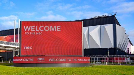 "Welcome to the NEC" on a giant LED screen outside the entrance to the Birmingham National Exhibition Centre