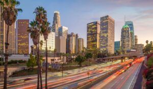 Beautiful sunset of Los Angeles downtown skyline