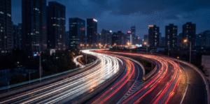Picture of a busy highway at night