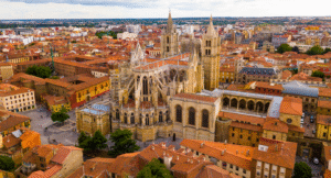 Urban view from drone of roofs of residential buildings in Spanish city of Leon