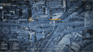 A satellite map view of a city overlaid with a digital "drone search" interface, showing coordinate grids, tracking reticles and dashed path lines