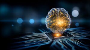 Digital illustration of a human brain overlaid with glowing circuit-board pathways, mounted on a microchip surrounded by a blue circuit-board pattern, representing artificial intelligence and data processing