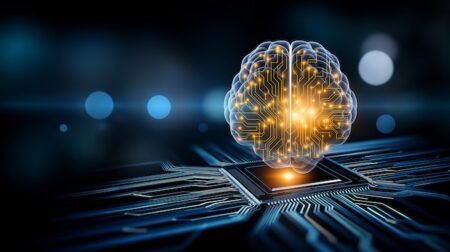 Digital illustration of a human brain overlaid with glowing circuit-board pathways, mounted on a microchip surrounded by a blue circuit-board pattern, representing artificial intelligence and data processing