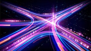 This vibrant digital illustration features overlapping light streams in blue, pink, and orange, symbolizing high-speed data flow.