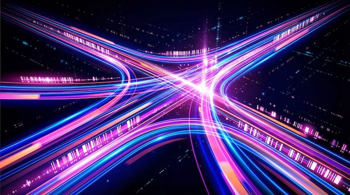 This vibrant digital illustration features overlapping light streams in blue, pink, and orange, symbolizing high-speed data flow.