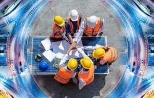 Six workers in orange high-visibility vests and yellow, white and blue hard hats join hands above a solar panel on a worktop surrounded by engineering plans. The background is a digitally composited aerial view of illuminated motorway interchanges.