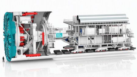 Lower Thames Crossing selects giant tunnelling machine Cutaway illustration of the 16.4-metre tunnel boring machine that will dig the Lower Thames Crossing, showing the cutting head, hydraulic rams and trailing gantry, with a human figure for scale