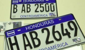 Close-up of a new Honduran vehicle number plate with an embedded RFID security label
