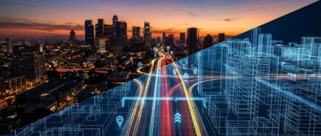 New standardisation for digital twins targets transport decarbonisation Split-image graphic showing a city skyline and busy motorway at dusk on the left transitioning into a blue wireframe digital twin rendering of the same road and buildings on the right