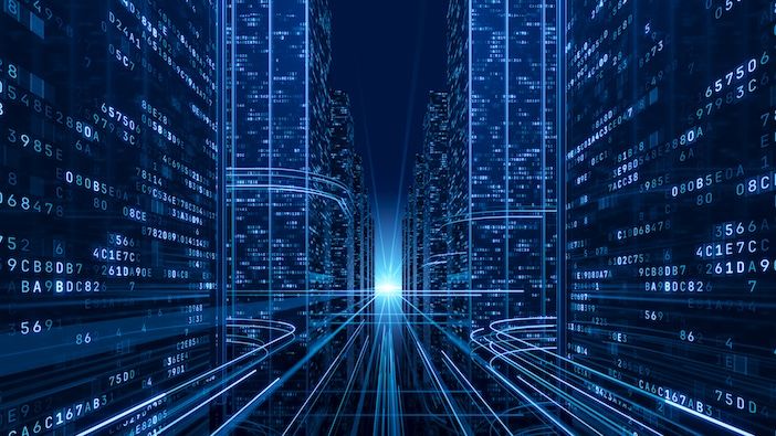 Abstract digital illustration of a data-filled cityscape, with glowing blue binary and hexadecimal code streaming between tall buildings towards a bright horizon