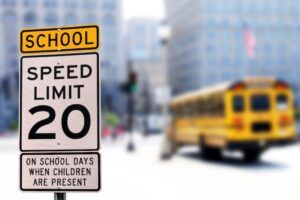 Traffic sign. School zone yellow warning board. Speed limit 20