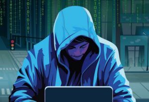 An illustration of a man in a hood sitting at a laptop, face on, with lines of green zeros and ones falling down behind him over a city street with traffic lights visible