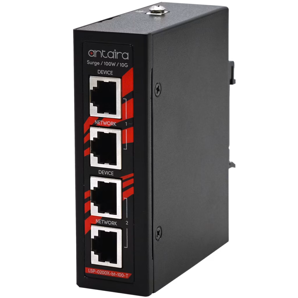 A black DIN-rail mounted Antaira LSP-0200X-bt-100-T PoE surge protector, showing four labelled Ethernet ports