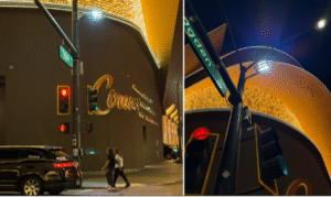 Two-panel night-time photo: left, pedestrians crossing a downtown street beneath an illuminated lighting fixture near a neon casino sign; right, a close-up of the lighting unit mounted on a pole beside an "Ogden" street sign.