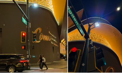 Two-panel night-time photo: left, pedestrians crossing a downtown street beneath an illuminated lighting fixture near a neon casino sign; right, a close-up of the lighting unit mounted on a pole beside an "Ogden" street sign.