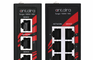 Antaira LSP Series multi-port PoE surge protector unit, shown in its DIN-rail or wall-mountable housing