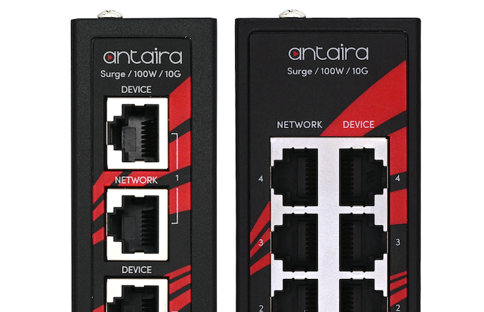Antaira LSP Series multi-port PoE surge protector unit, shown in its DIN-rail or wall-mountable housing