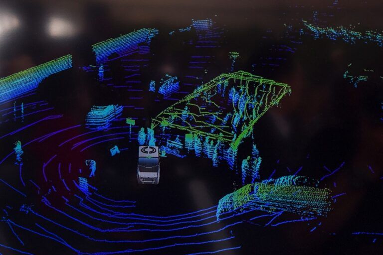 A lidar point cloud of an busy intersection with vehicles and pedestrians identifiable
