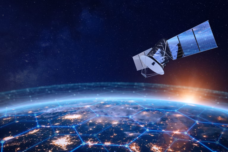 A satellite in orbit above the Earth, with illuminated cities linked by a network overlay representing satellite-based positioning and connectivity.