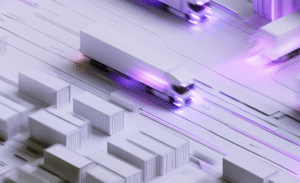Digital render of an autonomous truck driving through a stylised logistics corridor with shipping containers, illuminated in purple light to represent sensor and connectivity data.