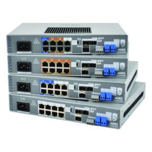 Four AMG577 Series industrial Ethernet switches stacked on top of each other, each showing a row of eight RJ45 ports, SFP uplink slots, a terminal block power connector and an IEC power inlet on the front panel