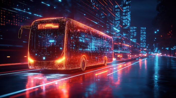 Digital illustration of a futuristic autonomous bus outlined in glowing red and blue light patterns, driving along a wet city street at night with streaking light trails