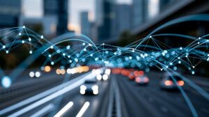 A blurred multi-lane city highway at dusk with motion-blurred vehicles and a skyline behind, overlaid with a glowing blue network of connected nodes and lines representing transportation data