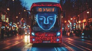 Illustration of a bus with a glowing digital face displayed on its windscreen, trimmed in red lighting, driving along a city street at dusk