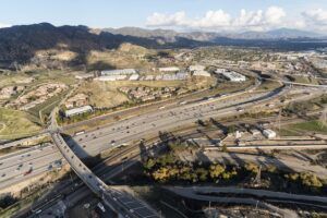Aerialview o f the Golden State 5 freeway at Balboa Blvd and San Fernando Road in Los Angeles California.