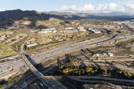 Kapsch wins $170m SR-91 and I-15 express lane contract Aerialview o f the Golden State 5 freeway at Balboa Blvd and San Fernando Road in Los Angeles California.
