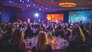 A ballroom filled with people seated at round tables, viewed from behind, with a brightly lit stage and large screens showing colourful graphics in the background, during an evening awards dinner