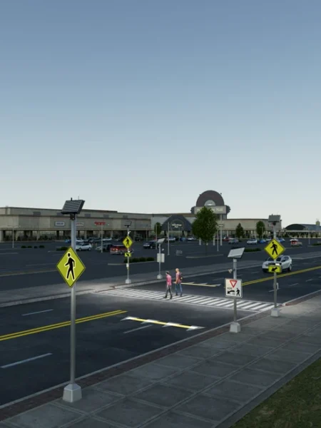 TAPCO launches backlit LED pedestrian crossing sign Illuminated pedestrian crossing signs positioned either side of a marked crosswalk at a retail park, with two people crossing the road at dusk.