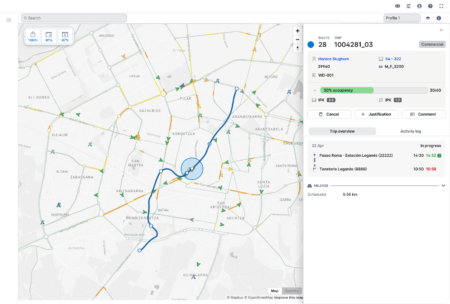 Optibus Real-Time Suite adds accuracy layer to existing CAD/AVL Screenshot of a street map with a blue route line and a highlighted vehicle position, alongside a side panel showing route 28 trip details, a 50% occupancy bar and scheduled and actual stop times