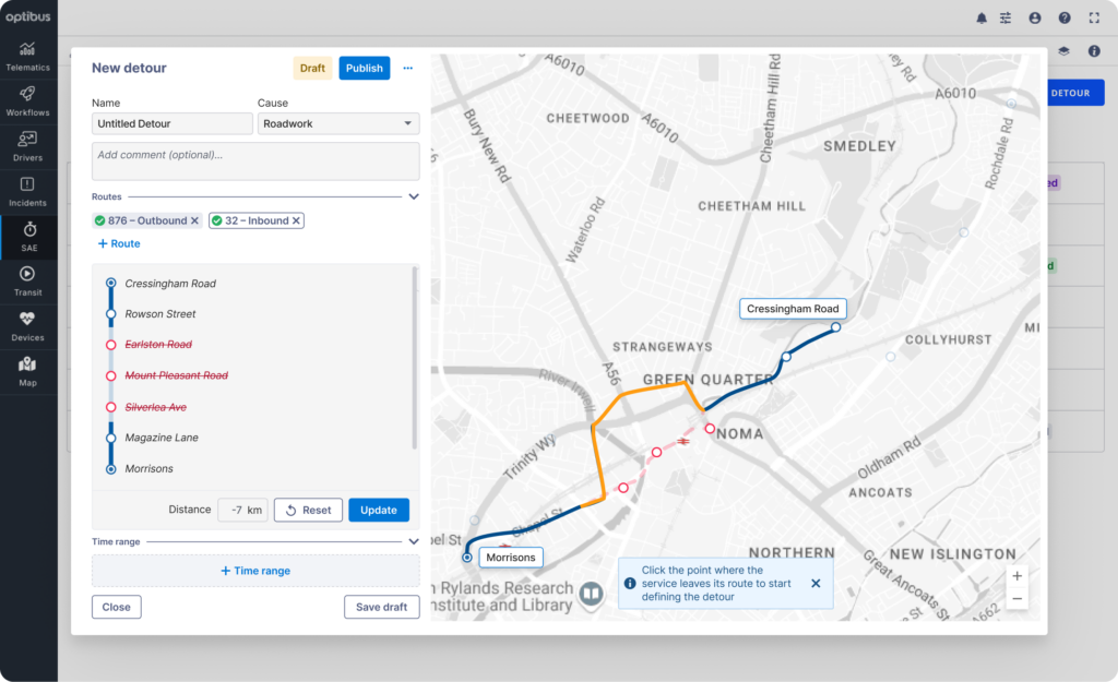 : Screenshot of a New detour editing window beside a city map, with a list of stops where three are struck through in red and an orange line tracing an alternative path around them