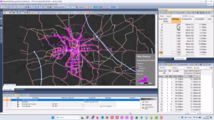 A software screenshot showing a dark map with purple lines radiating from a central area, alongside data tables of trip times and distances, a legend and a procedure list at the bottom.
