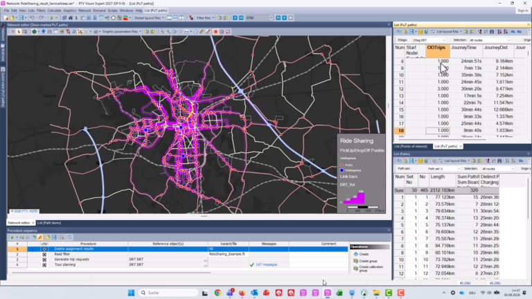 A software screenshot showing a dark map with purple lines radiating from a central area, alongside data tables of trip times and distances, a legend and a procedure list at the bottom.